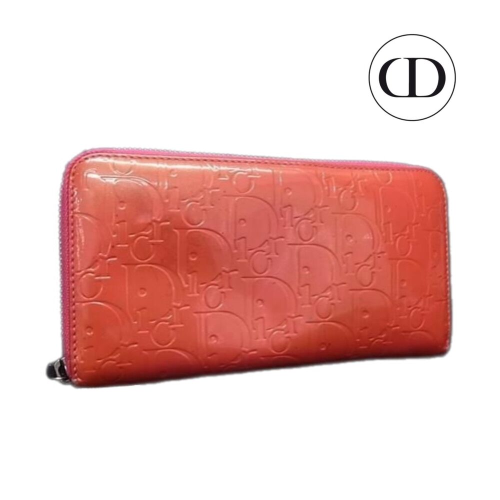 Christian Dior Coral Patent Leather Continental Zippy Wallet Ultimate Voyager